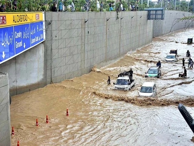 vehicles passing through rain water accumulated on the kalma chowk underpass road during rain that experienced in the city on july 7 2023 photo app