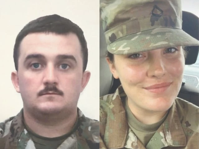 combo of pictures shows national guard members staff sgt andrew wolfe l and specialist sarah beckstrom photo afp