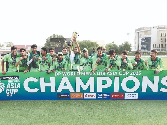 pakistani players celebrate with the trophy after defeating india in the u 19 asia cup final in dubai photo nni