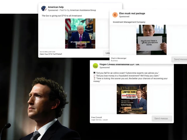meta ceo mark zuckerberg testifying before the u s senate judiciary committee in january 2024 the company is under regulatory pressure on a number of fronts including ads for scams on its platforms ad screenshots via reuters zuckerberg photo reuters evelyn hockstein