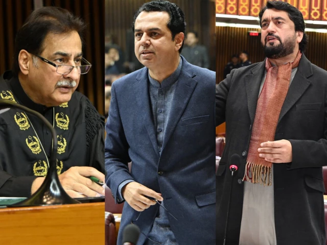 speaker national assembly ayaz sadiq minister of state for interior talal chaudhry and pti mna sheharyar afridi address the national assembly during a session on friday photo national assembly facebook