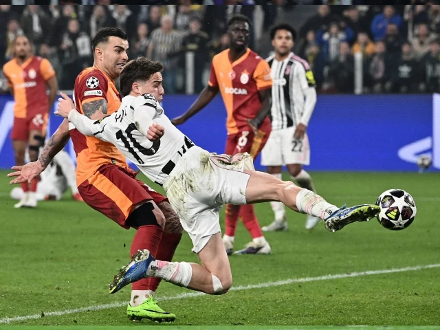 juventus turkish forward kenan yildiz kicks the ball next to galatasaray s turkish defender abdulkerim bardakci during the uefa champions league photo afp