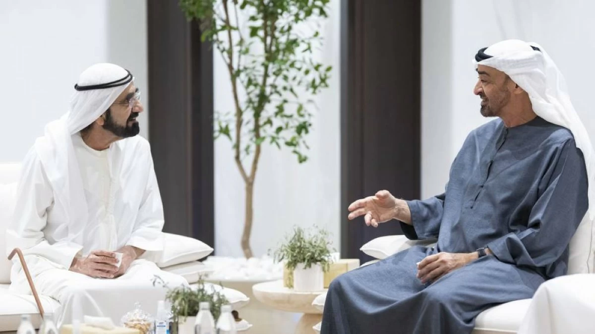 UAE President His Highness Sheikh Mohamed bin Zayed Al Nahyan with His Highness Sheikh Mohammed bin Rashid Al Maktoum, Vice President, Prime Minister and Ruler of Dubai