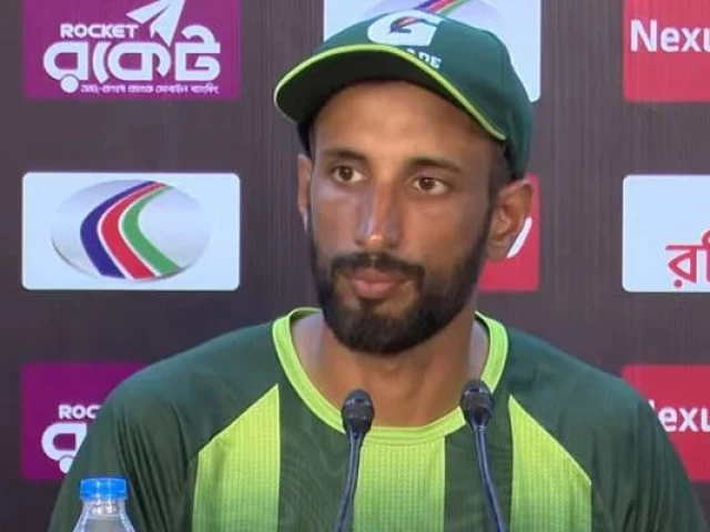 pakistan captain shan masood speaks at a press conference after their defeat in the first test against bangladesh at the sher e bangla national cricket stadium in mirpur on may 12 2026 photo pcb file