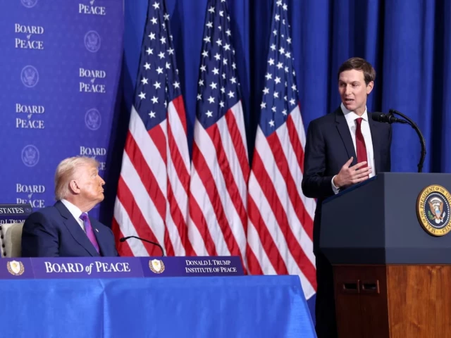us president donald trump listens as his son in law jared kushner speaks during the inaugural board of peace meeting at the us institute of peace in washington dc us february 19 2026 photo reuters