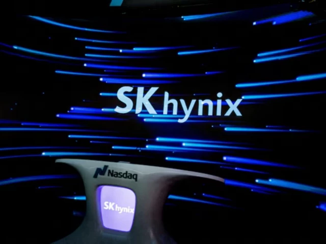 a logo of semiconductor and memory chip maker sk hynix during the company s debut on the nasdaq market in new york city us july 10 2026 reuters