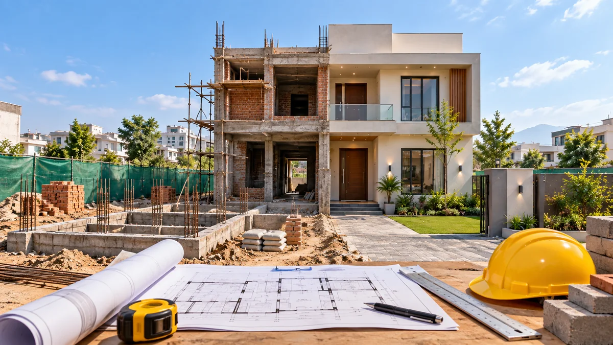 House construction cost in Pakistan featured image showing a home under construction beside a completed modern house