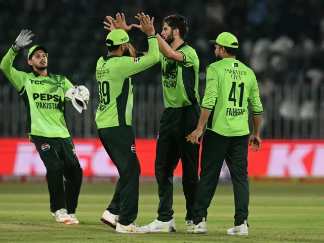 captain shaheen afridi celebrates with teammates after taking a wicket against sri lanka during the first odi of the tri nation series at rawalpindi cricket stadium photo afp